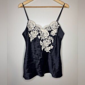 Marjolaine 100% Silk Lace Trim Camisole Shorts Set Black Ivory Size 42 France